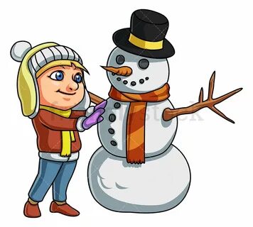 Little Girl Building Snowman Cartoon Clipart Vector - Friend