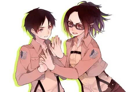 Safebooru - 1boy 1girl brown hair eren jaeger glasses hange 