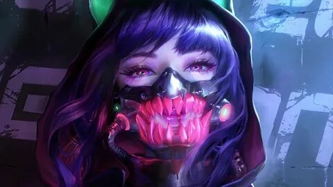 Cyberpunk Girl Hoodie Oni Mask Live Wallpaper - MoeWalls.