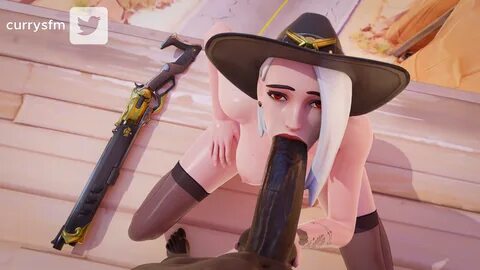 currysfm, ashe (overwatch), 3d, 1boy, 1girls, blowjob, breasts, dark-skinne...
