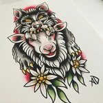 Cunning color-ink sheep in wolf clothing with flowers tattoo