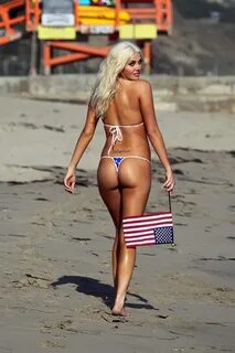 Karissa Shannon posing in American flag thong bikini on Mali