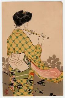 Woman Playing the Flute from Jogaku sekai Japanese drawings, Japanese paint...
