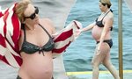 Heavily pregnant Toni Collette cools off in tiny polka dot b