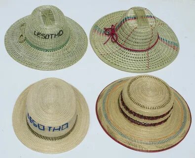 Straw hats of different designs, hand crafted in Lesotho. Di