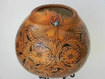 Sheridan-style faux leather tooling pyrography gourd on Etsy