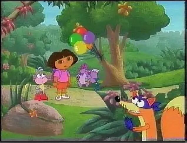 1: A scene from Dora the Explorer featuring Dora, Boots, and