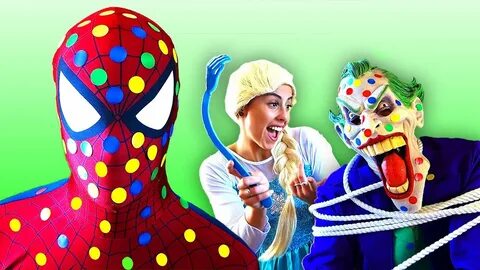 Spiderman & Frozen Elsa vs Joker! w/ Pink Spidergirl Anna & 