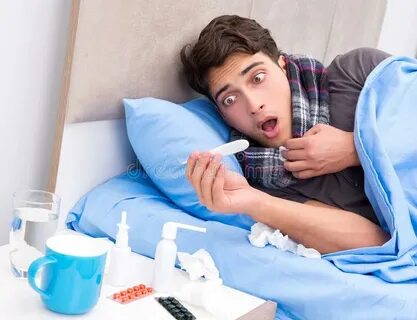 Sick Man with Flu Lying in the Bed Stock Image - Image of ro
