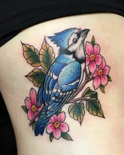 Blue jay tattoo with flowers Blue jay tattoo, Bluebird tatto