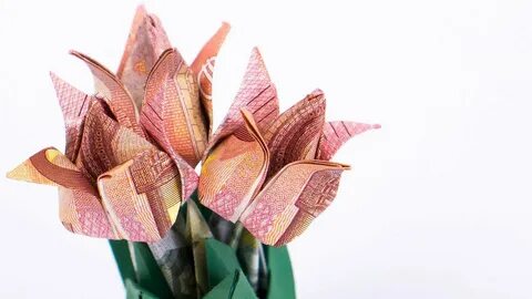 Geld falten Blumen: Tulpen Blumentopf aus Geldscheinen baste