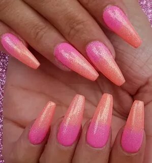Pink and coral ombre with glitter on acrylic sculpted nails 