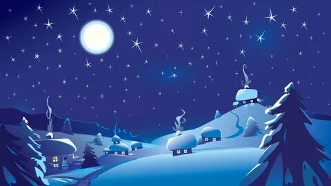 Зимний пейзаж звёздное небо и домики в снегу Обои на рабочий