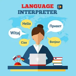 Language translator concept with woman sitting on table with laptop and wor...