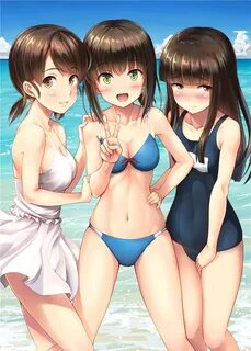 Safebooru - 3girls beach bikini black hair blue bikini blush