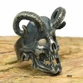 Ram Skull Demon Ring Silver Biker Jewelry for Men Unique Got