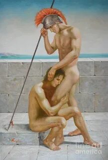 ORIGINAL man body oil painting gay art -two male nude by the