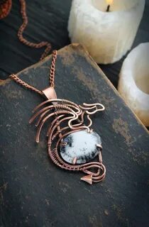 Dragon necklace copper jewelry, Wire wrapped pendant, Celtic