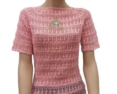 Pink crochet lace round neck short raglan sleeve top Crochet