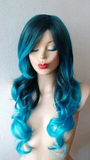 Teal Blue Ombre Wig. 26 Curly Hair Side Bangs Wig. Heat Etsy