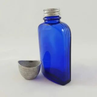 Cobalt Blue Glass Bottle with Metal Eye Wash Cup, Ribbed Sid