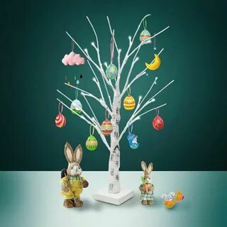60cm White Easter Tree with Lights Decorative Easter Eggs Fo