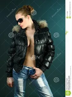 Semi-nude Girl In Unzipped Black Jacket Stock Image - Image of color, beaut...