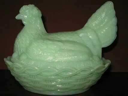 Jadeite glass hen chicken on nest basket candy butter dish r