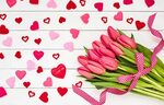 Обои любовь, цветы, букет, сердечки, тюльпаны, love, розовые