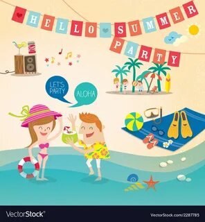 Summer cartoon elements on beach background Vector Image