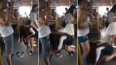 Moment a woman slips and grabs hold of a man's shorts on Fuz