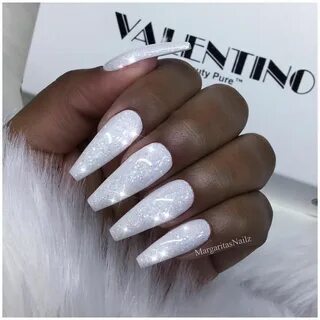 White glitter coffin nails Wedding nail art design Sparkly n