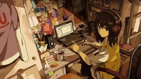 Female anime character sitting on chair near laptop computer