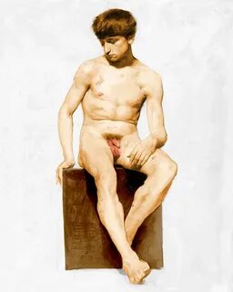 Frontal Nude Young Man Sitting Painting by Nude Male Art Pix