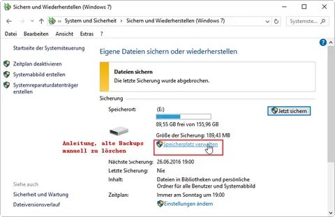 Sichern und Wiederherstellen Windows 7: Alte Sicherungen aut