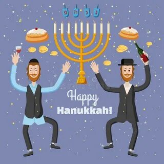Greeting card of happy Hanukkah. Happy boys in national cost