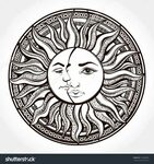 Bohemian hand drawn sun and moon. Tattoo design.Vector illus