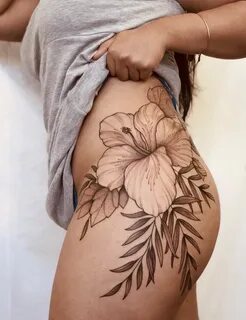 Side Hip Hibiscus and Palm Leaves Tattoo Hip tattoos women, 