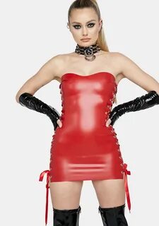 Bustedbrand Latex Lace Up Bodycon Mini Dress - Red Dolls Kil