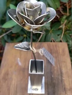 Metal Rose and Vase Metal Rose and Vase Sculpture Welded Ets