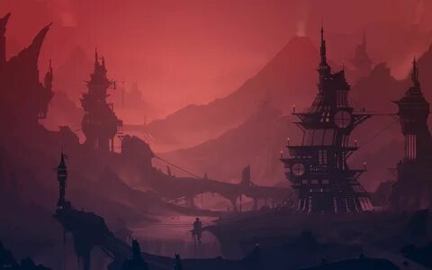 castle illustration, game scenery #red #steampunk #landscape