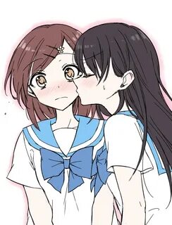 Safebooru - 2girls black hair blush bow brown hair cheek kis