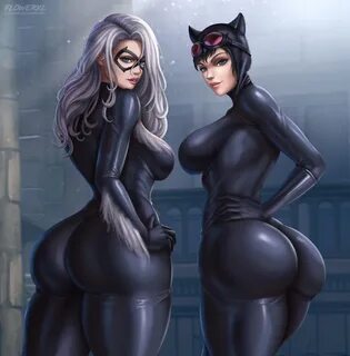 Xbooru - 2 girls ass black cat black hair blue eyes bodysuit