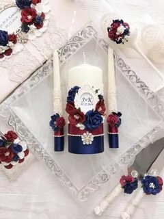 Unity Candle Set Navy Blue and Burgundy Wedding Personalized