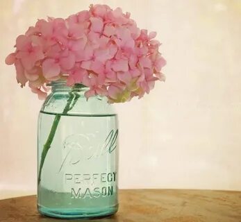 perfection. Pink hydrangea, Mason jar flowers, Blue mason ja