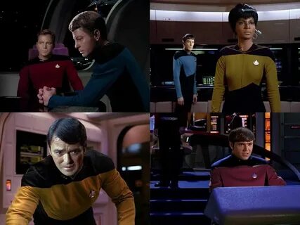 Star Trek TOS crew in TNG era uniforms on board Enterprise D