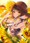 #1206044 anime, flowers, long hair, brunette, sunflowers, wr