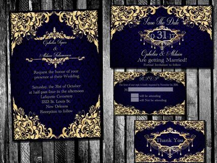 Elegant Royal Blue and Gold Wedding Invitation Save the Date