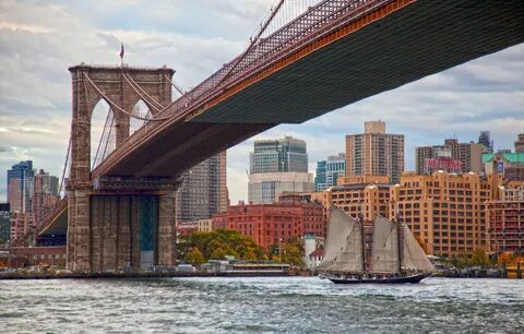 Обои мост, пролив, здания, парусник, Нью-Йорк, Бруклинский м