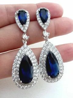 Wedding Earrings Bridal Earrings LARGE Halo Dark Sapphire - 